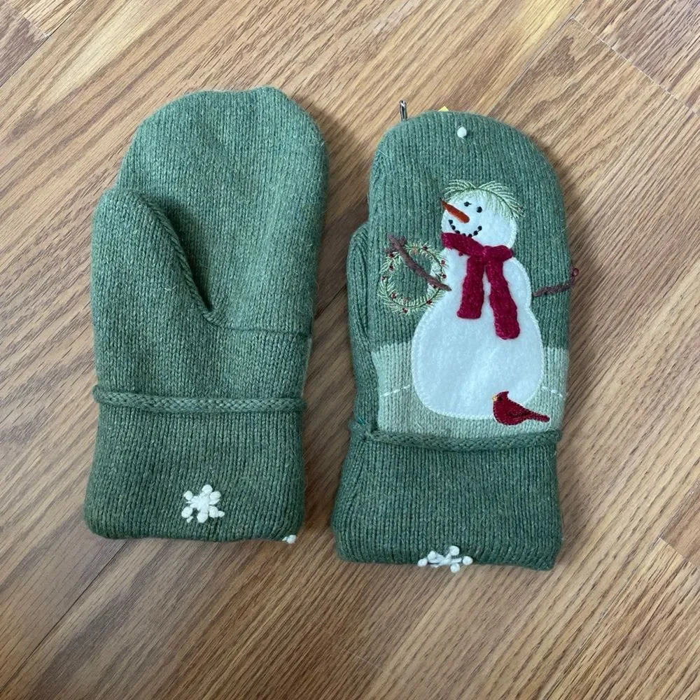 Unisex Wool Blend Winter Warm Knit Handmade Lined Snowman Cuff Mittens Gloves